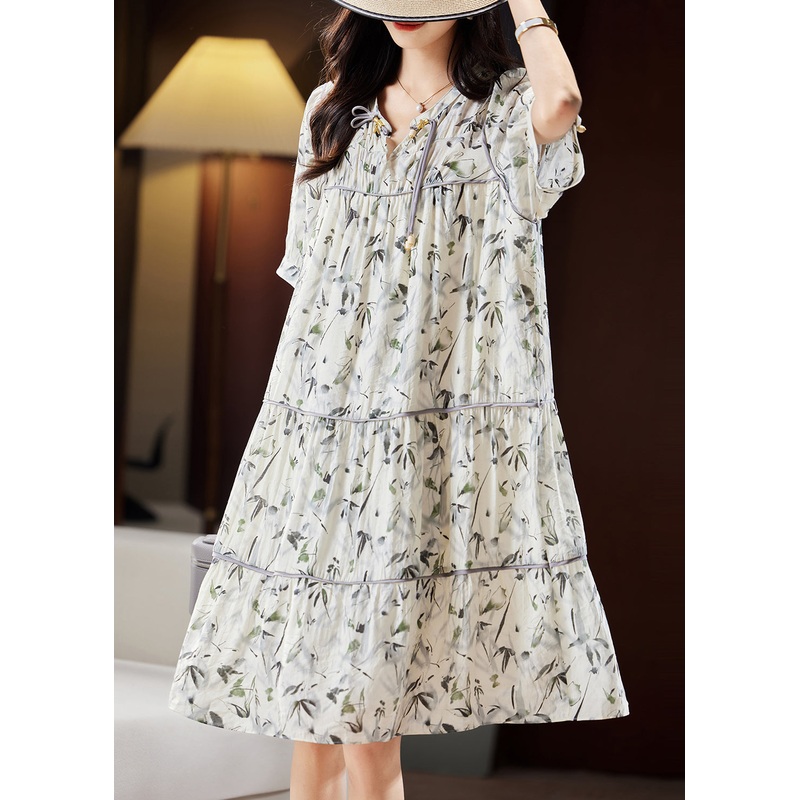 Unique Beige V Neck Print Patchwork Chiffon Maxi Dresses Short Sleeve