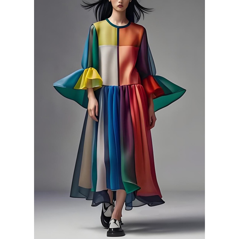 Women Colorblock O Neck Patchwork Loose Chiffon Dress Summer