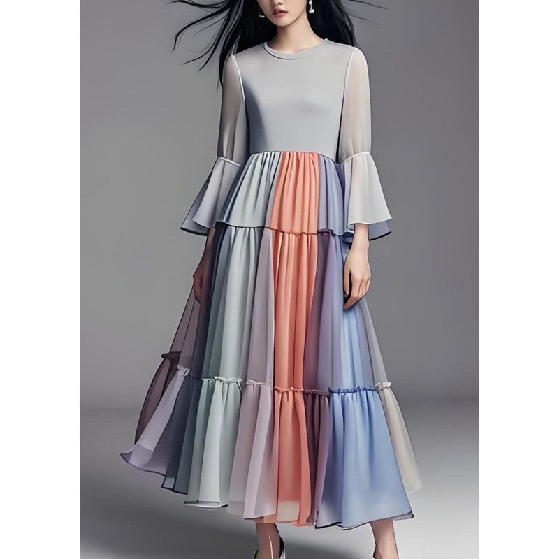 Women Colorblock Wrinkled Patchwork Chiffon Dress Flare Sleeve