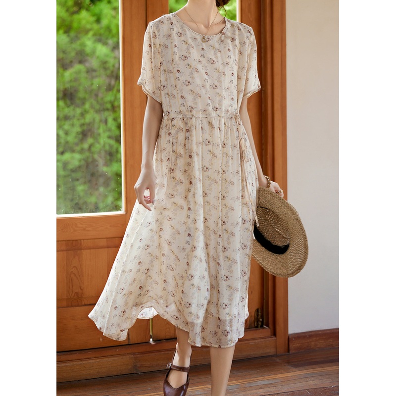 Apricot Tie Waist Silk Vacation Maxi Dresses Short Sleeve