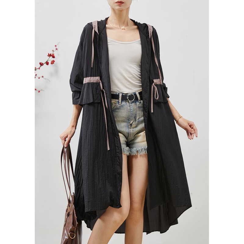 Art Black Hooded Drawstring Linen Cardigan Summer