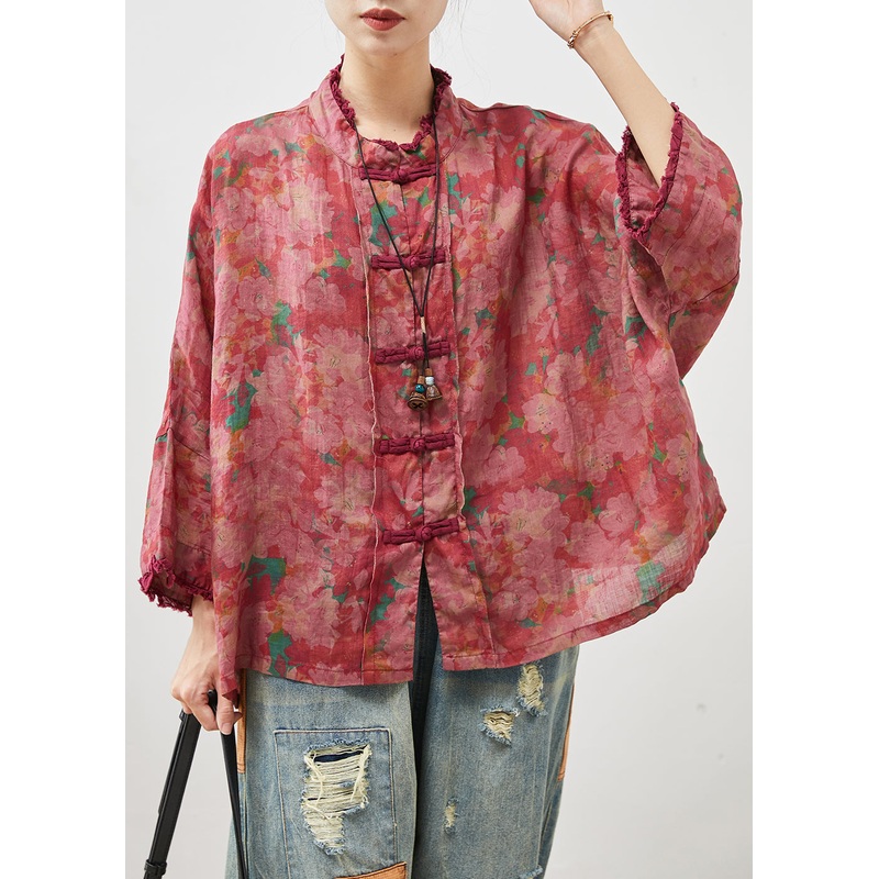 Art Red Oversized Print Chinese Button Linen Blouses Bracelet Sleeve