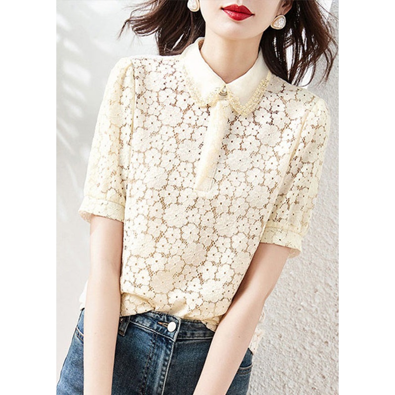 Beautiful Apricot Peter Pan Collar Lace T Shirt Summer