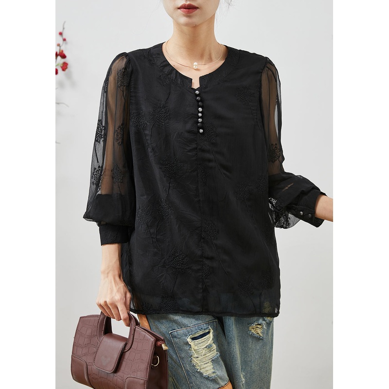 Beautiful Black Embroidered Linen Silk Shirt Top Summer