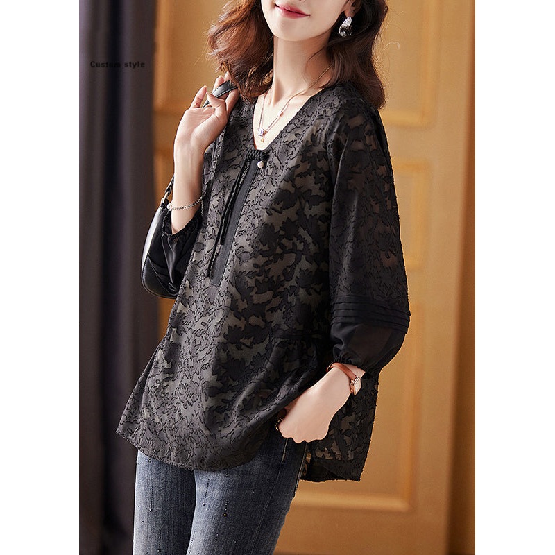 Black Cinched Tassel Chiffon Shirt Fall
