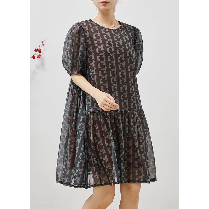 Bohemian Black Puff Sleeve Print Chiffon Holiday Dress