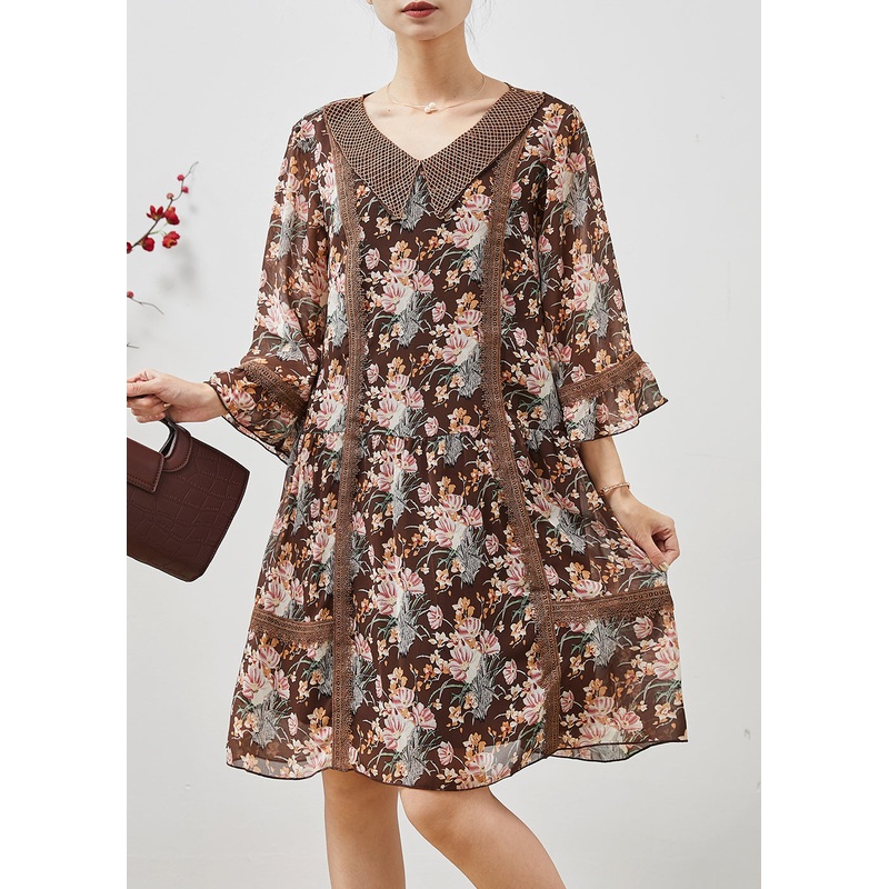 Bohemian Brown Print Patchwork Lace Holiday Dress Summer