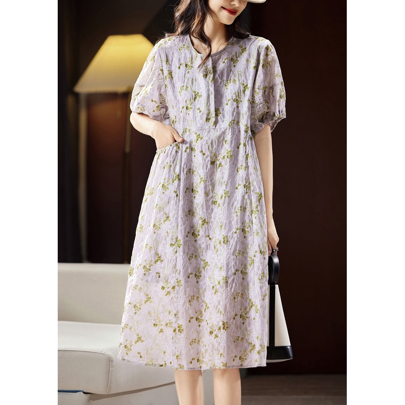 Bohemian Light Purple Print Patchwork Cotton Holiday Long Dress Puff Sleeve