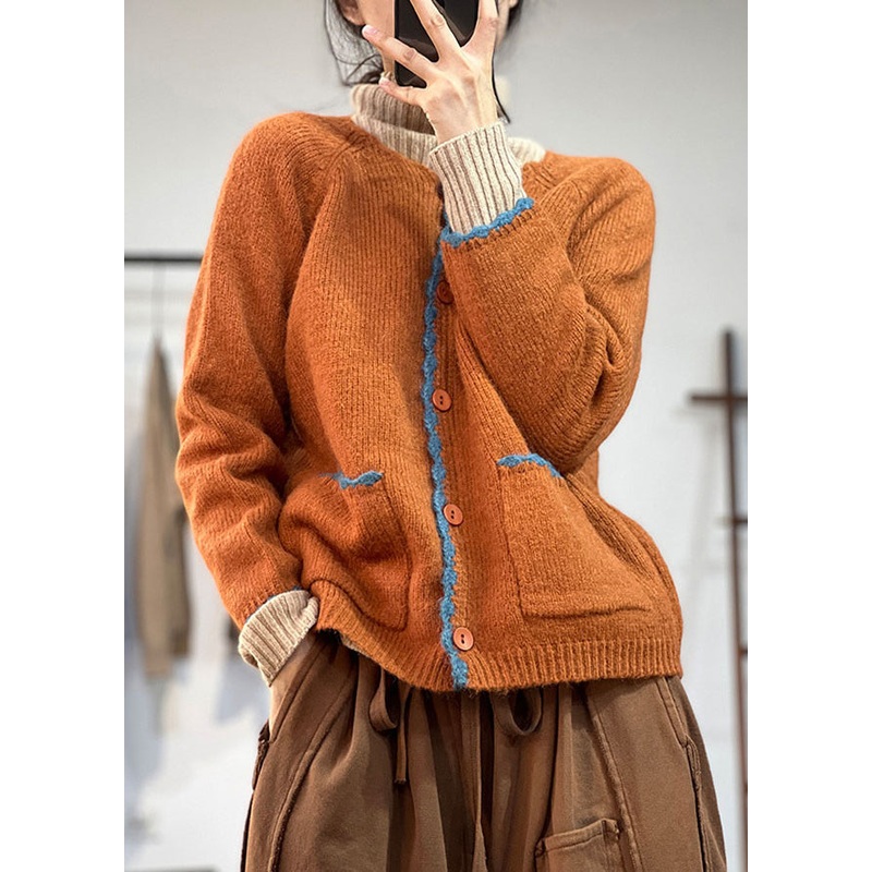 Bohemian Orange Button Pockets Woolen Coats Fall