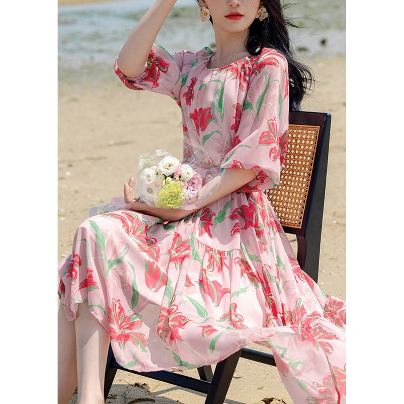 Bohemian Pink Print Patchwork Chiffon Long Holiday Dress Summer