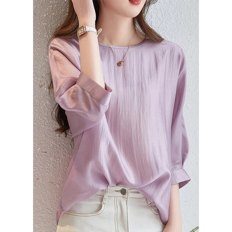 Brief Light Purple O-Neck Patchwork Shirts Fall