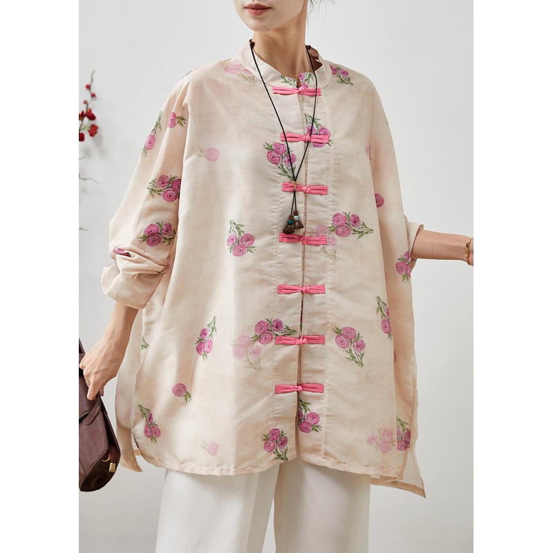 Casual Apricot Floral Chinese Button Linen Loose Shirt Top Spring