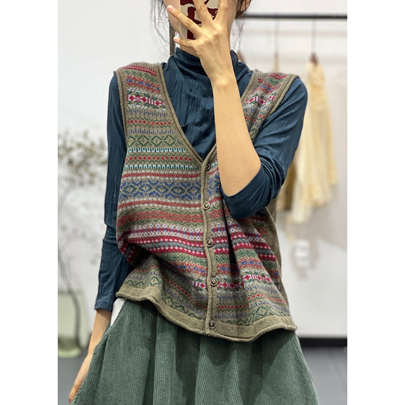 Chic Green V Neck Button Cotton Knit Waistcoat Sleeveless