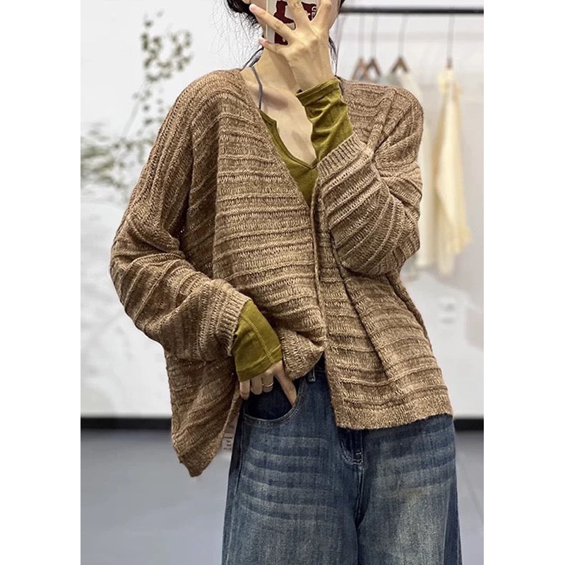Coffee Button Cotton Knit Coats V Neck Long Sleeve
