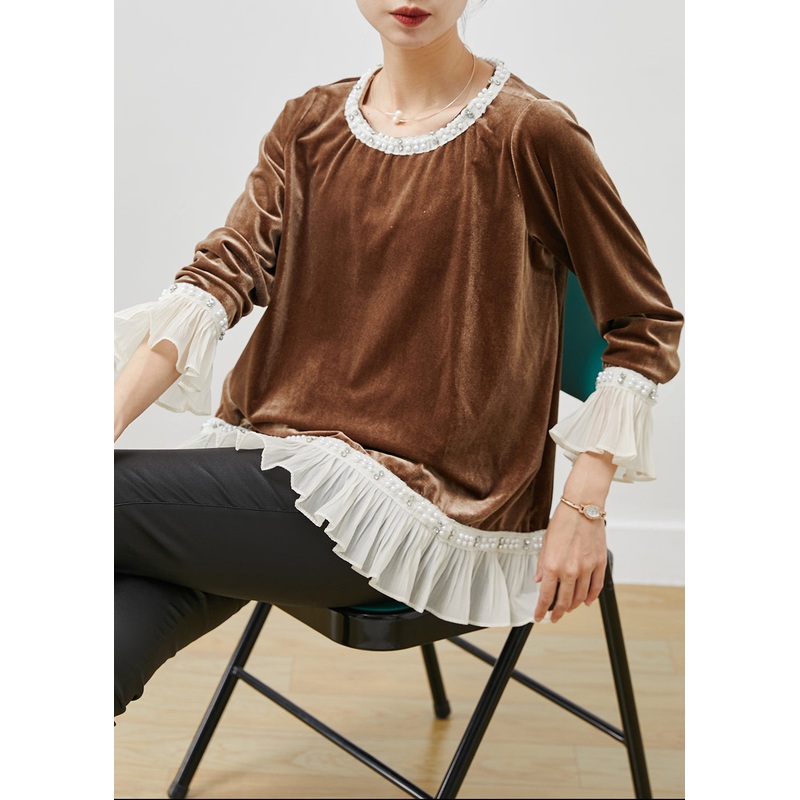 Elegant Brown Nail Bead Patchwork Silk Velour Tops Flare Sleeve