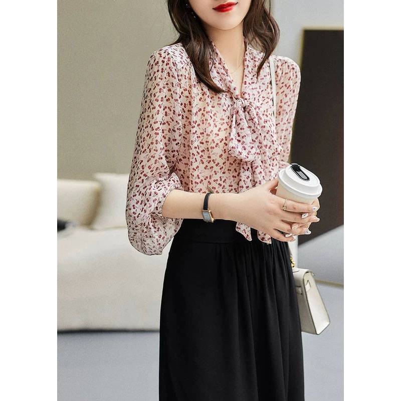 Elegant Red Bow Print Silk Tops Long Sleeve