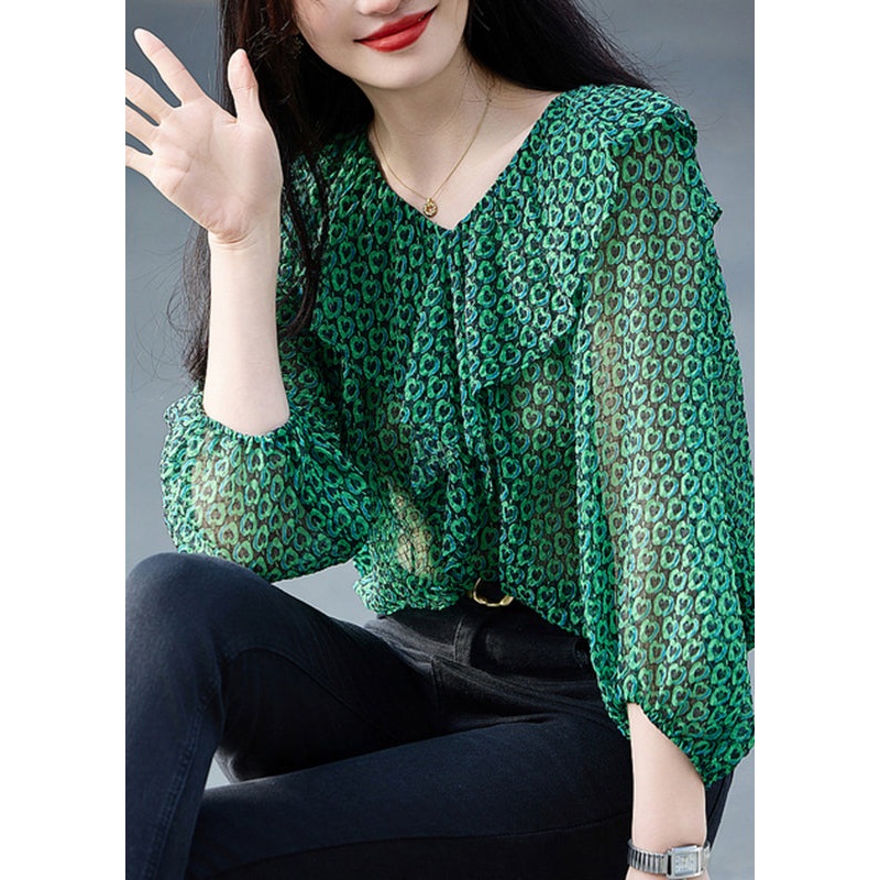 Fashion Green Ruffled Print Chiffon Top Bracelet Sleeve