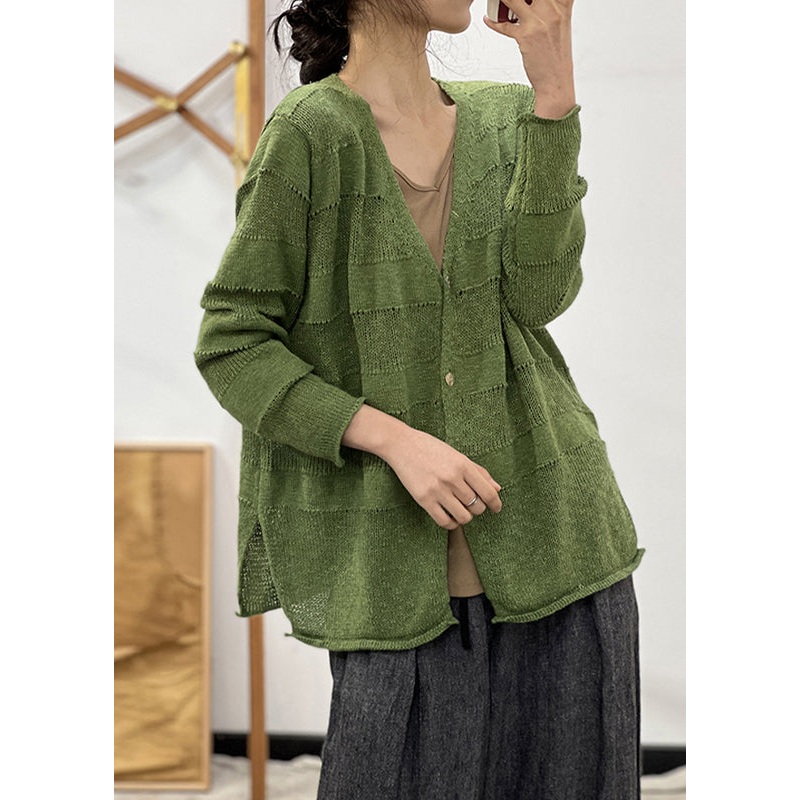 French Green Button Side Open Cotton Knit Coats Long Sleeve
