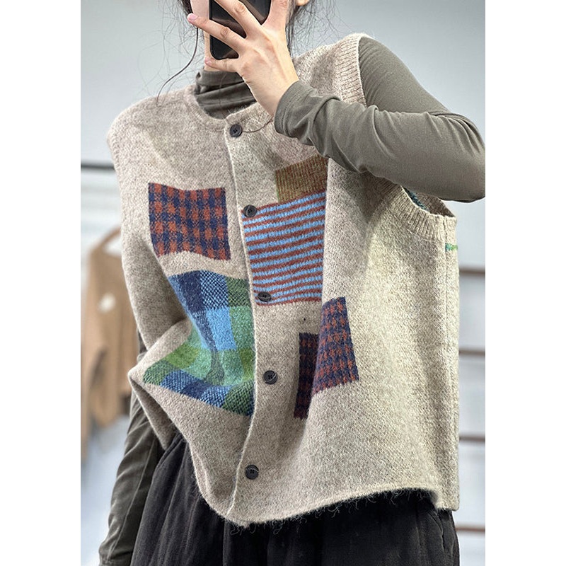 French Khaki Button Print Woolen Waistcoat Sleeveless