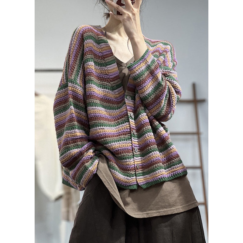 Green Striped Cotton Knit Coat V Neck Long Sleeve