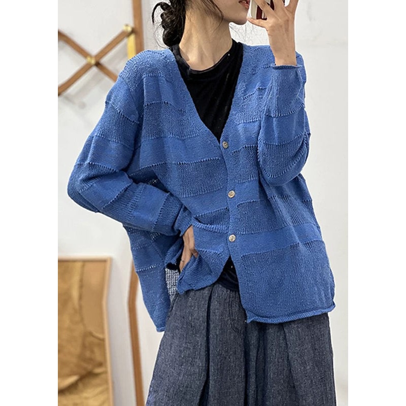 Loose Blue V Neck Hollow Out Solid Cotton Knit Coat Fall