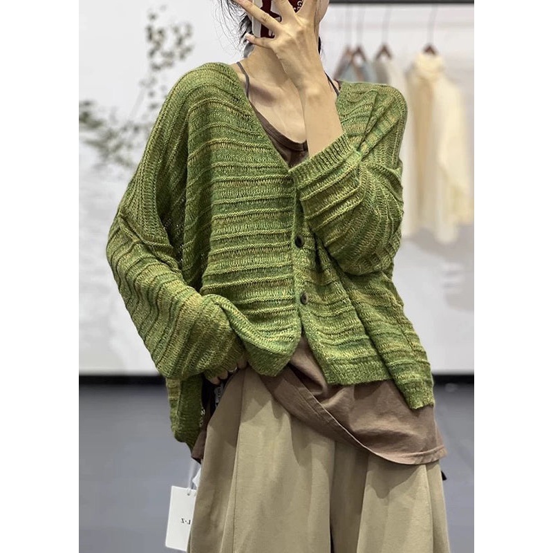 New Green V Neck Hollow Out Cotton Knit Coats Fall