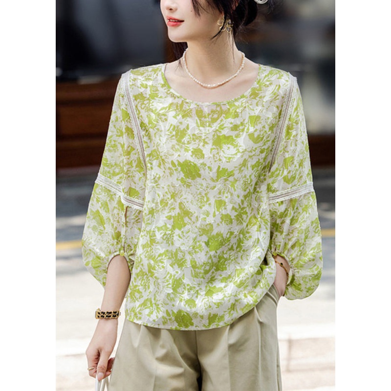 Organic Fluorescent Green O-Neck Patchwork Chiffon Shirts Fall