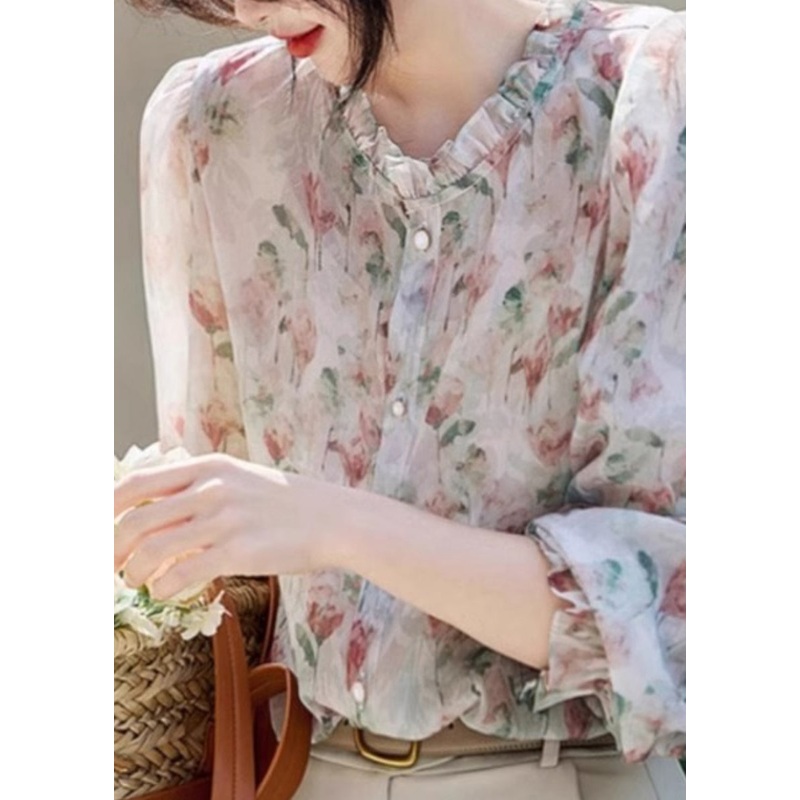 Organic Ruffled Print Chiffon Shirt Long Sleeve