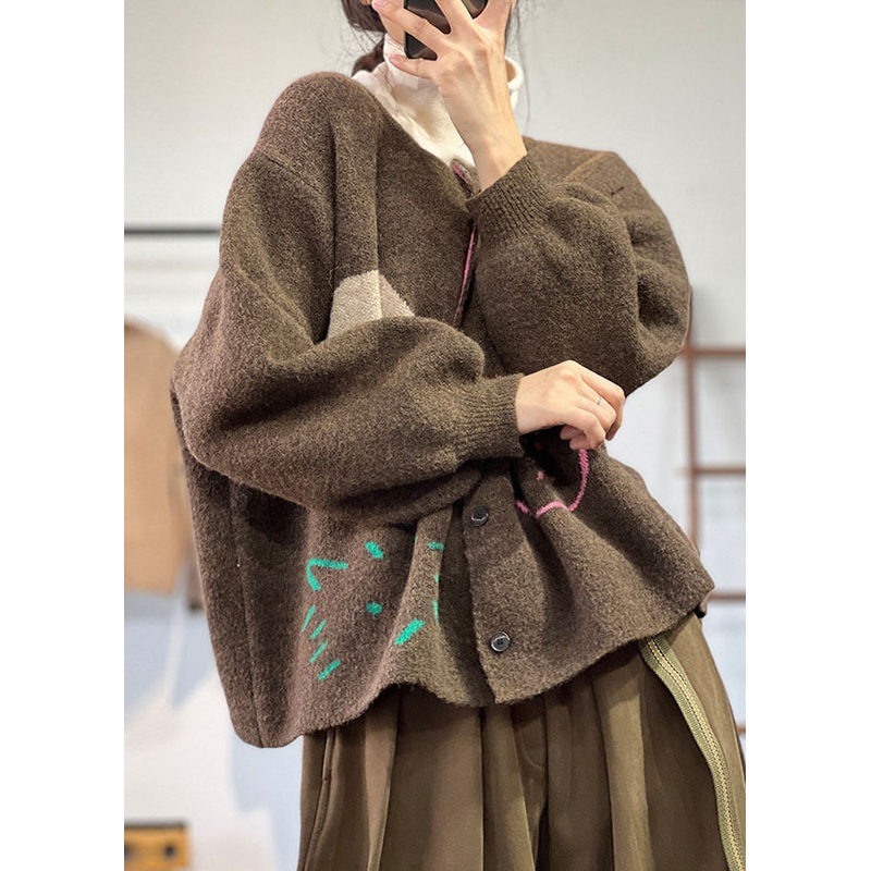 Plus Size Coffee O Neck Button Knit Coat Long Sleeve