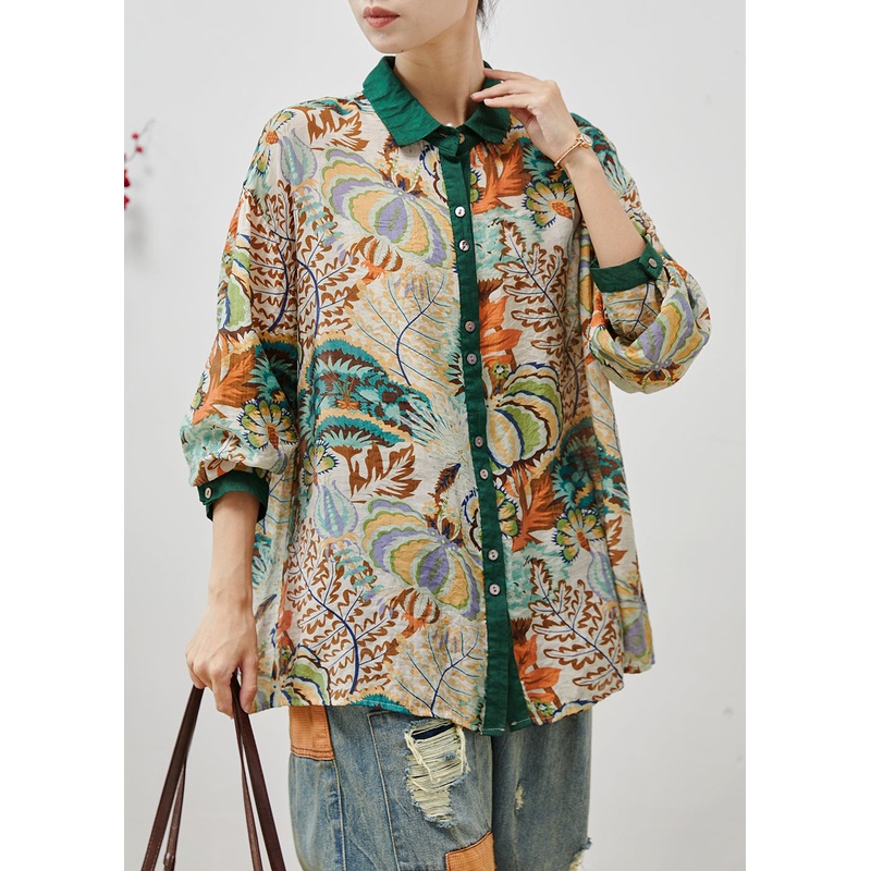 Plus Size Green Peter Pan Collar Print Linen Blouses Summer