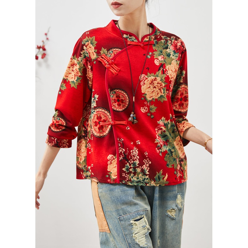 Red Print Cotton Shirts Chinese Style Spring