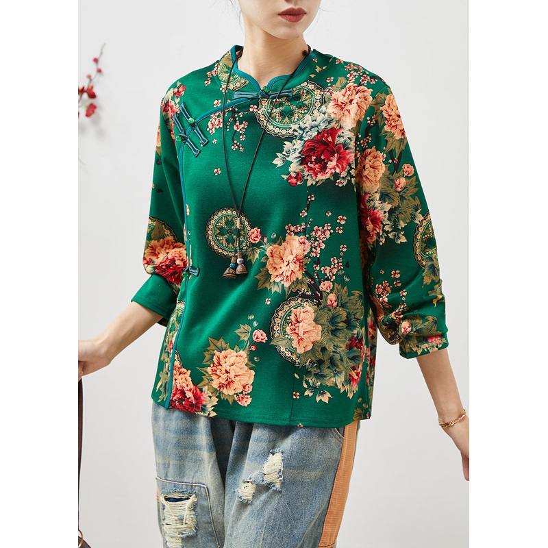 Retro Green Print Chinese Button Cotton Top Fall