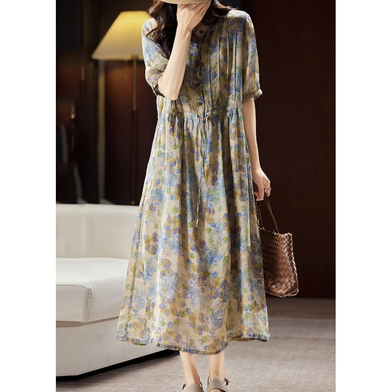 Unique Blue Stand Collar Print Button Linen Maxi Dresses Summer