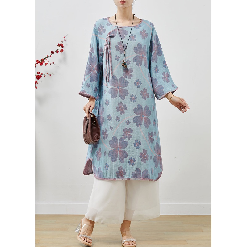 Vintage Blue Oversized Print Cotton Long Dresses Spring