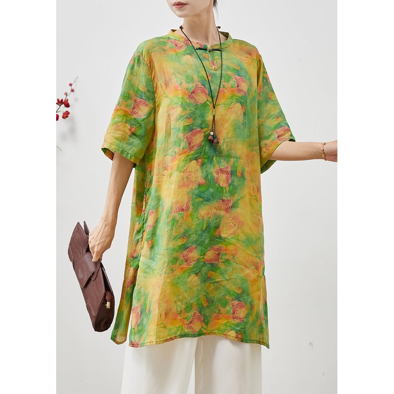 Vintage Green Floral Tie Dye Linen Oriental Dress Summer