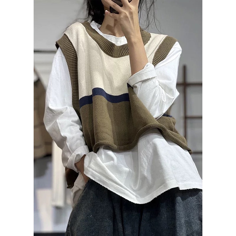 Women Beige O Neck Patchwork Cotton Knit Waistcoat Sleeveless