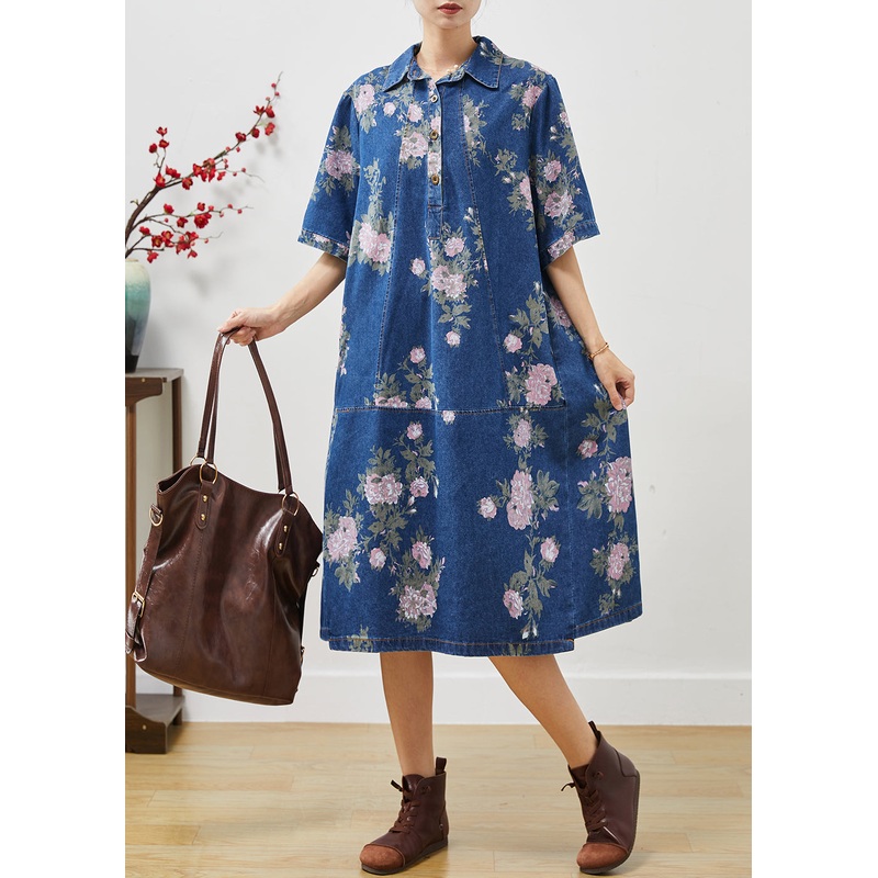 Women Blue Peter Pan Collar Print Denim Dress Summer