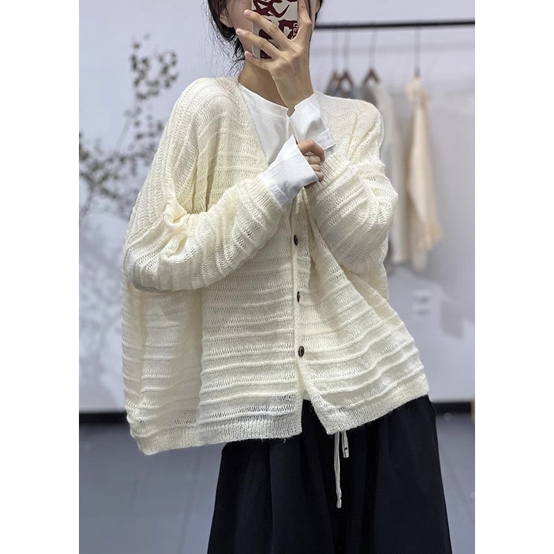 Women Light Apricot Button Solid Cotton Knit Coats Long Sleeve