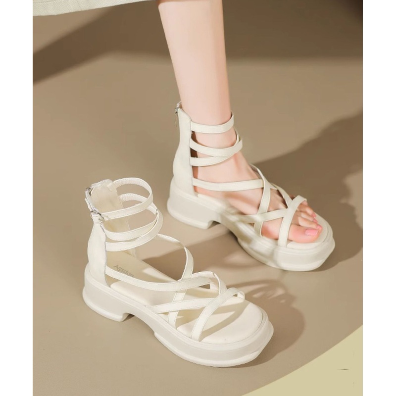2024 New Beige High Top Strap Roman Sandals Peep Toe