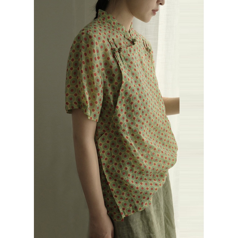 Art Green Stand Collar Dot Button Top Short Sleeve