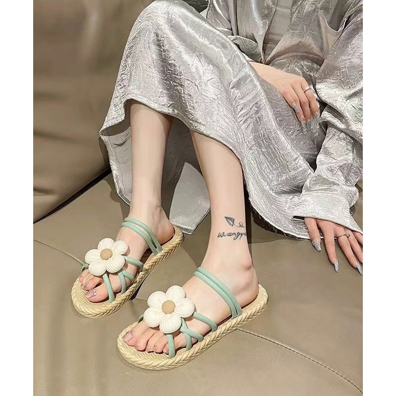 Beach Holiday Green Splicing Floral Slide Sandals Peep Toe