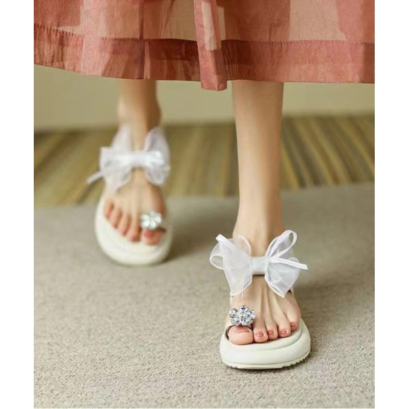 Beige Platform Slide Sandals Boutique Splicing Bow Zircon