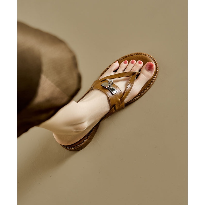 Boho Splicing Flip Flops Slide Sandals Brown Faux Leather