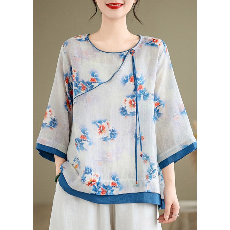Casual Blue O-Neck Print Patchwork Shirt Long Sleeve
