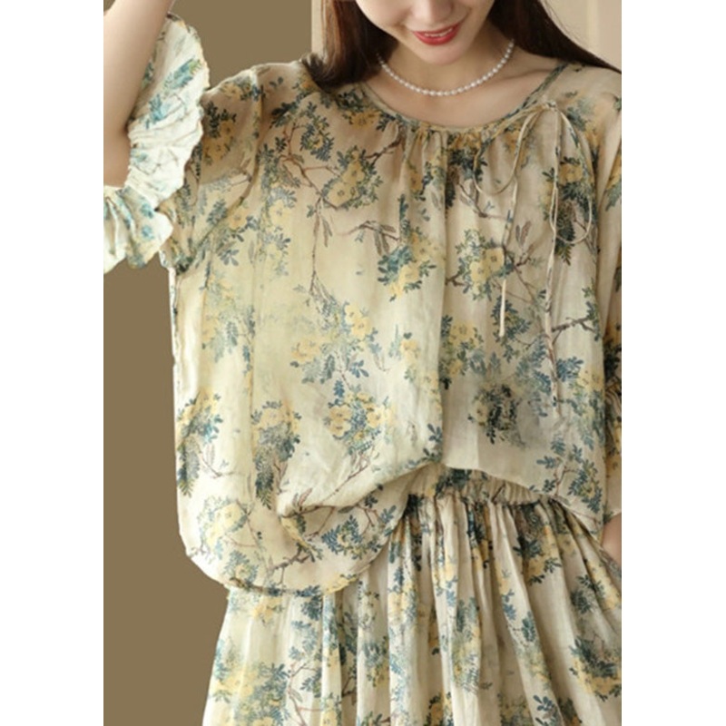 Casual O-Neck Print Tie Waist Ramie Shirts Flare Sleeve