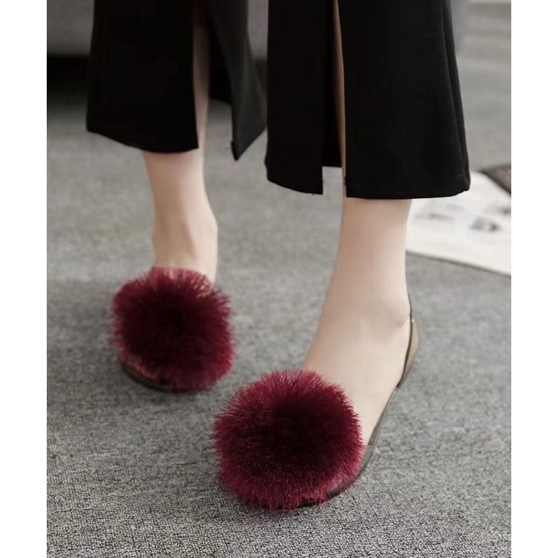 Chic Fuzzy Ball Decorated Transparent Flat Fish Mouth Sandals