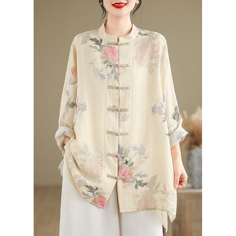 Chinese Style Apricot Stand Collar Print Button Shirts Fall