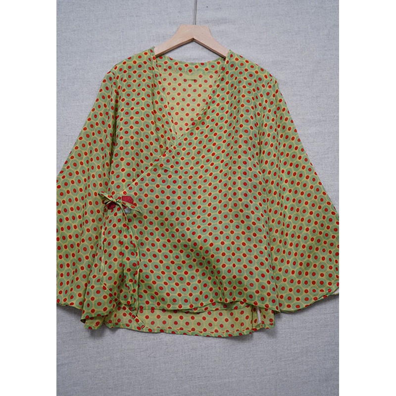 Chinese Style Light Green V Neck Print Tie Waist Top Long Sleeve