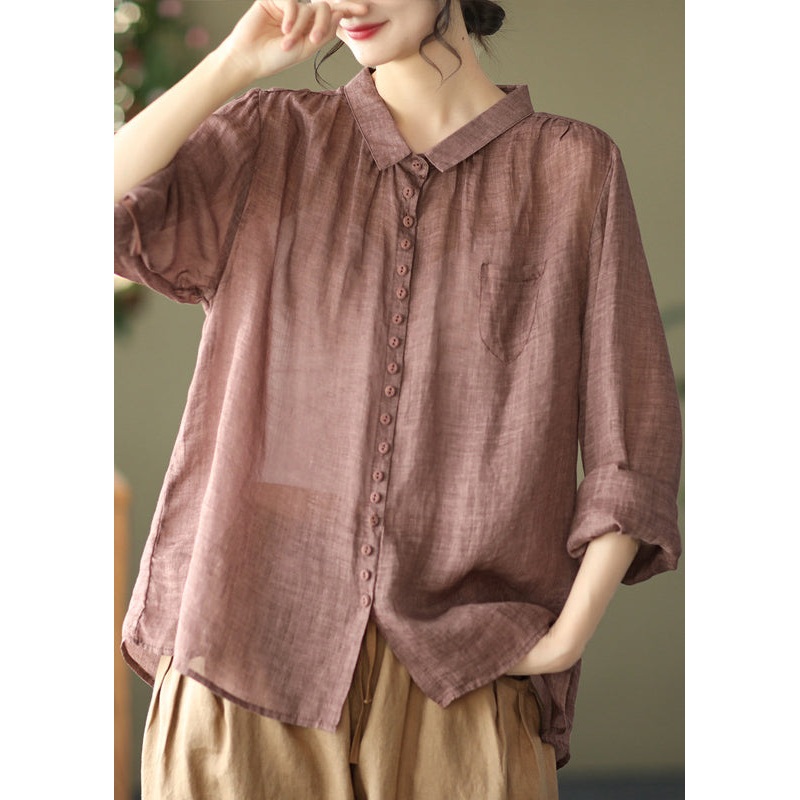Coffee Button Cozy Ramie Shirt Long Sleeve