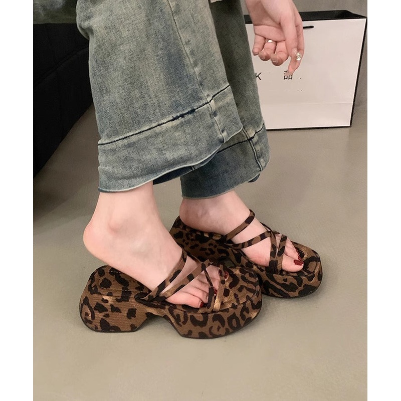 Fashion Leopard Platform Slide Sandals Peep Toe